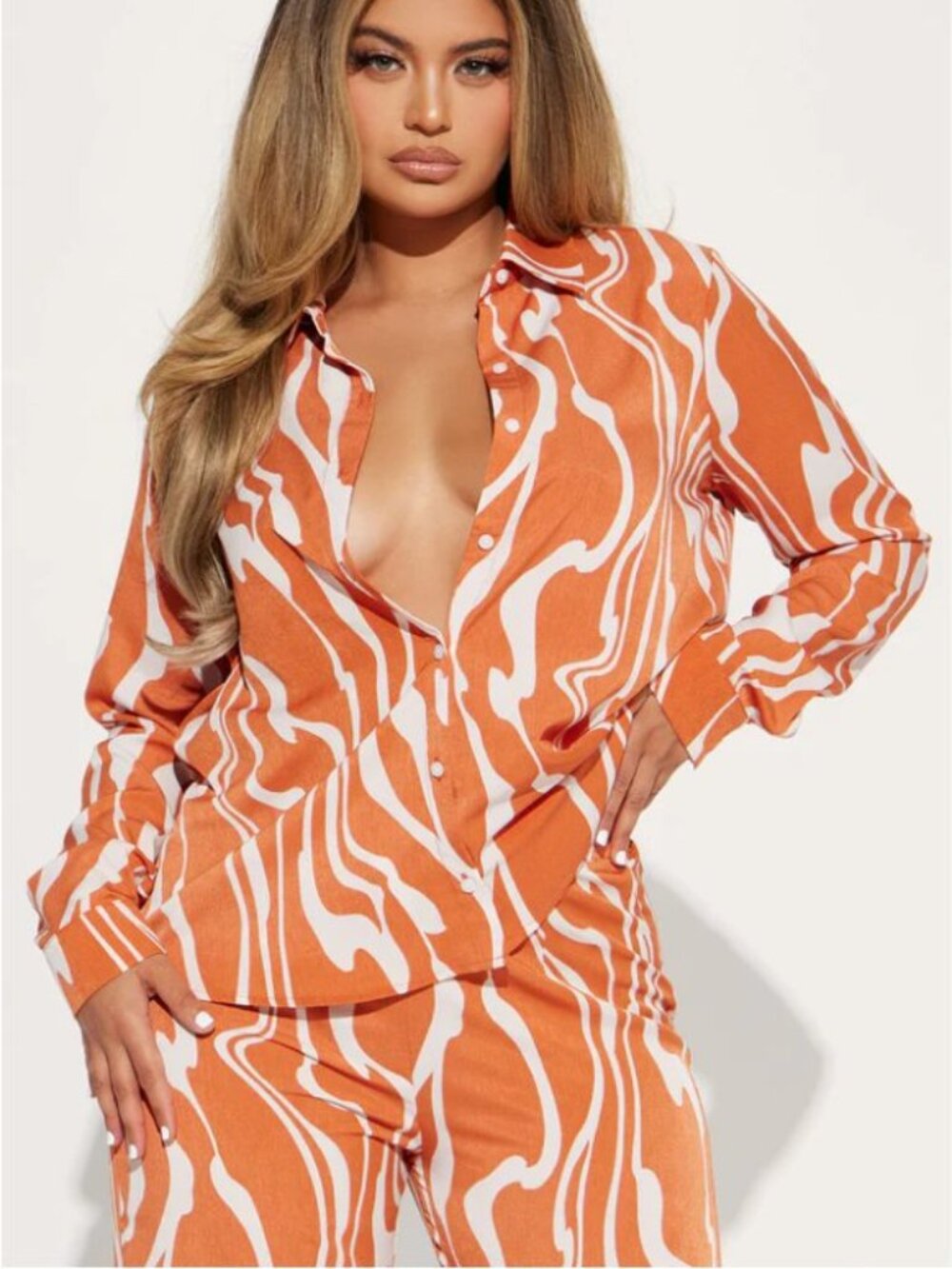 Fashion Nova BURNT Orange and White Shirt + PALAZZO PANT SET NEW WITH TAG M